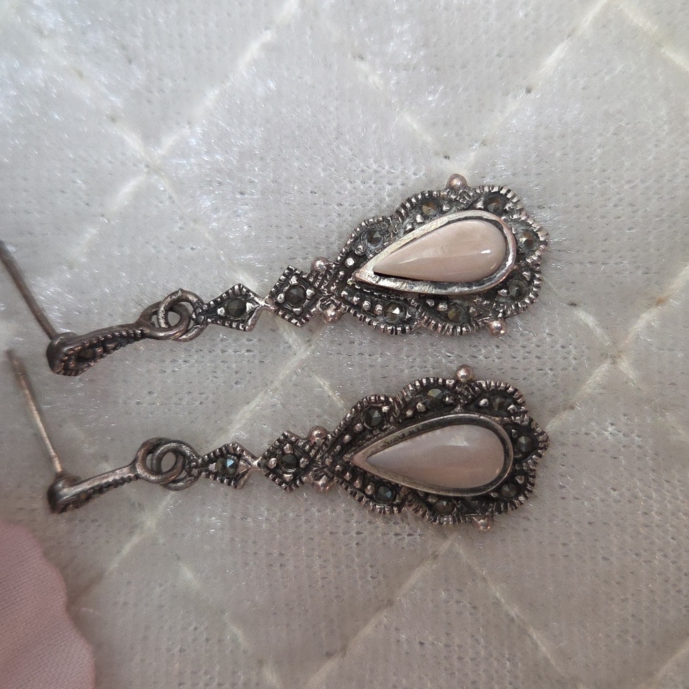 Marcasite & Mother of Pearl Sterling 925 Dangle Earrings